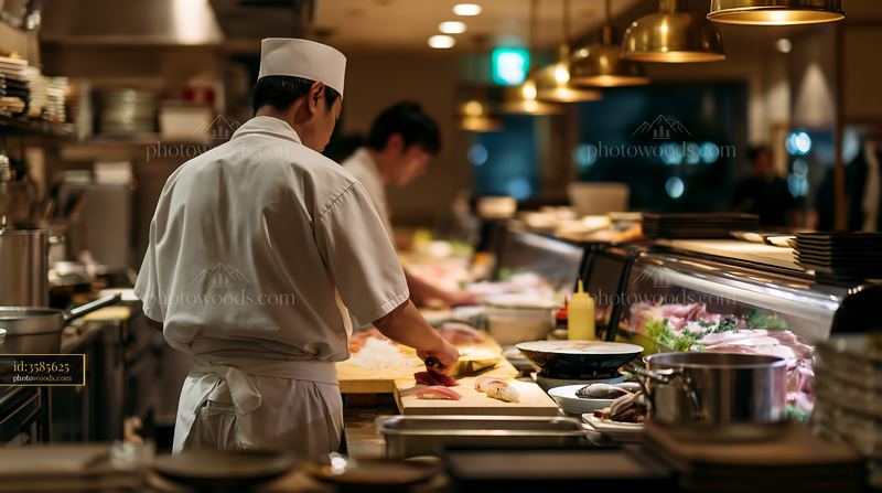 Sushi chef preparing dishes at a busy restaurant counter