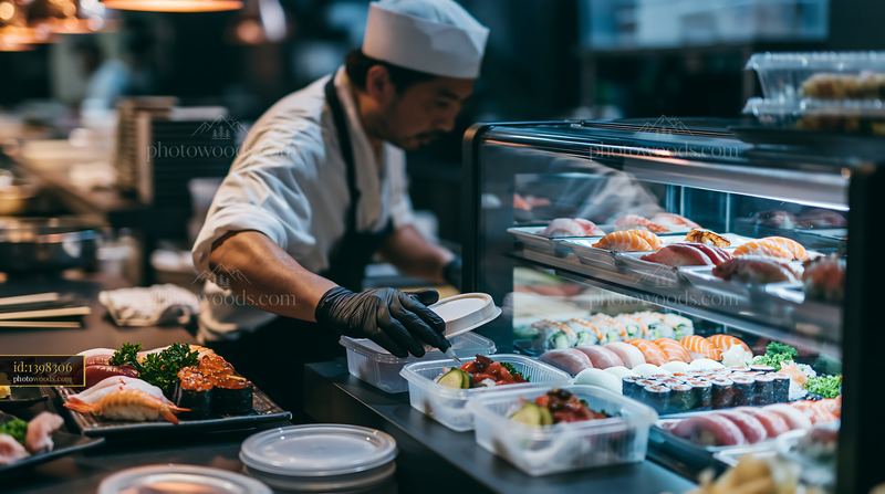 Sushi chef labeling sushi containers without visible text