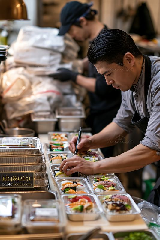 Sushi chef preparing sushi containers for delivery in kitchen