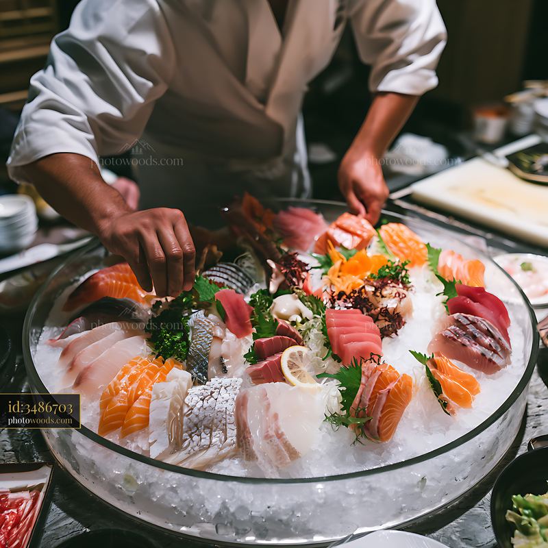 Sushi chef placing sashimi on ice display with fresh ingredients