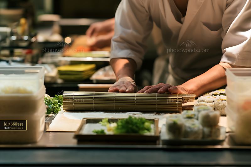 Sushi chef rolling maki with bamboo mat in kitchen setting