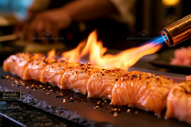 Sushi chef torch searing nigiri with a flame for flavor enhancement