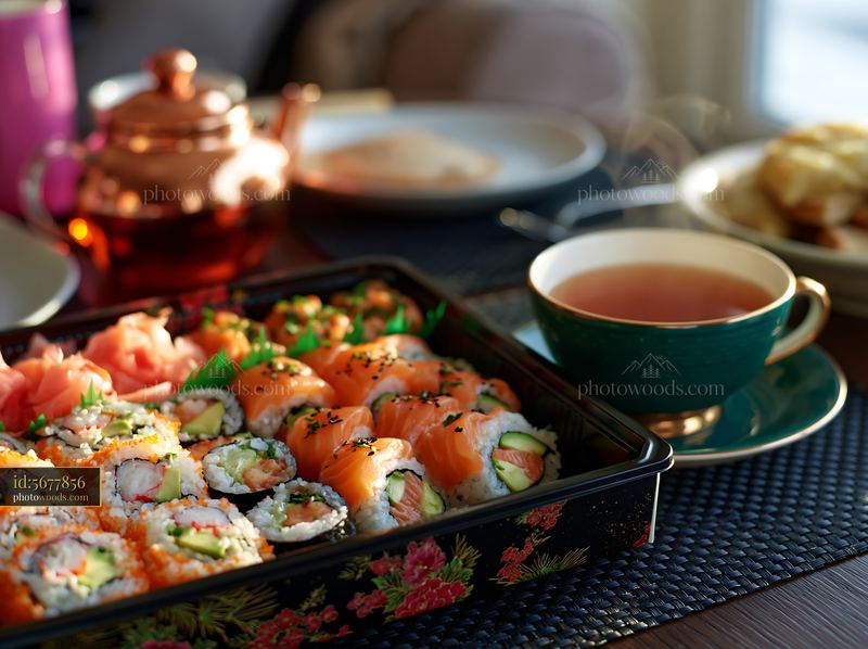 Sushi delivery box close-up with tea and dessert