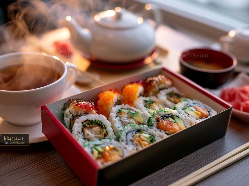 Sushi delivery box close-up on a table with drinks and teapot