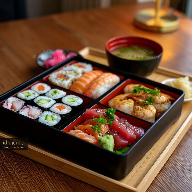 Sushi lunch box with compartments and side dishes on a table