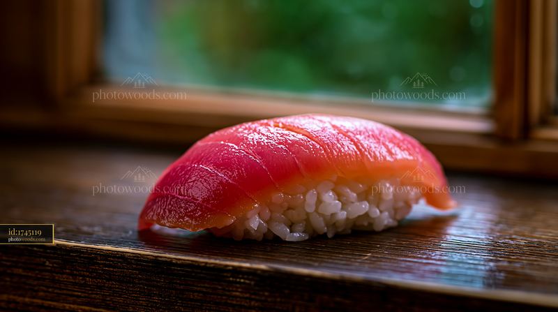 Single sushi piece with colorful fish topping on wooden surface
