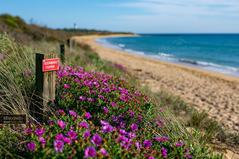 Coastline with sustainable tourism sign and flowering plants