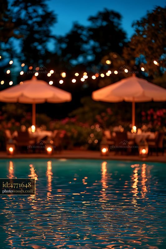 Evening setting with a swimming pool and outdoor dining area