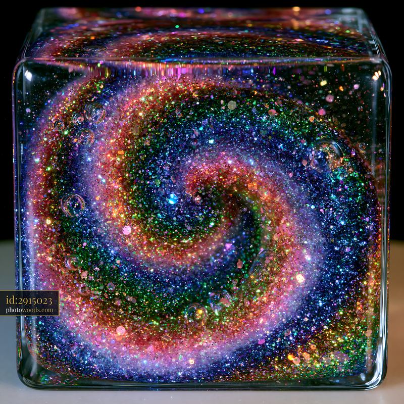 Multicolor glitter swirl macro photograph in resin cube