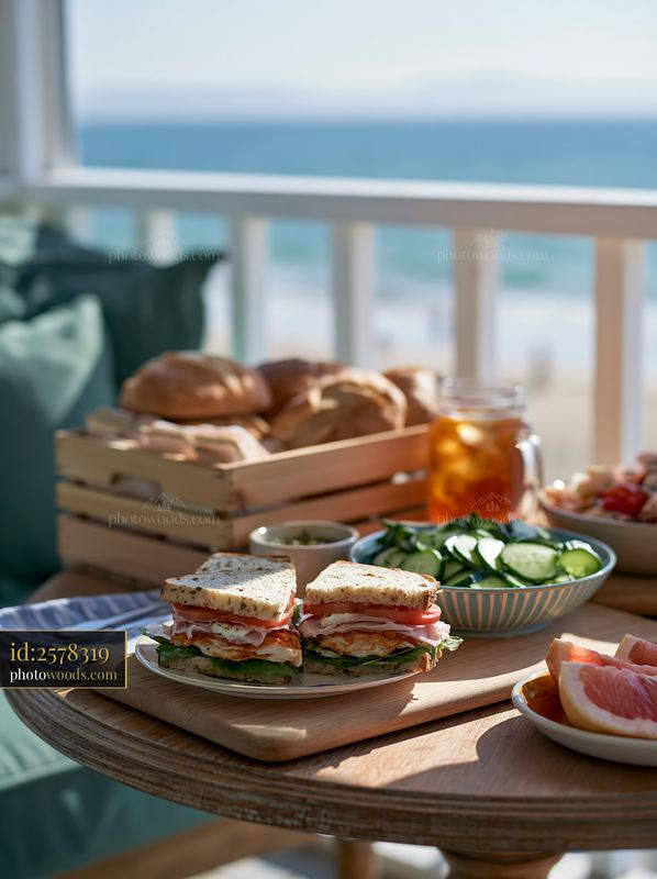 Delicious beach picnic buffet with sandwiches and fresh sides