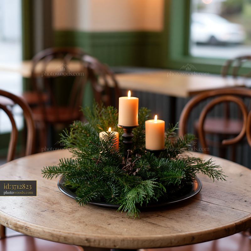 Christmas centerpiece with candles on a wooden table