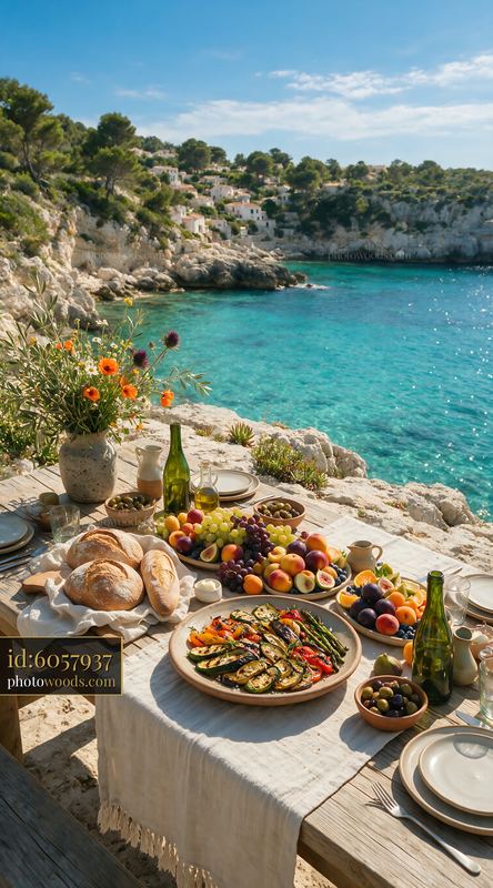 Beach picnic buffet with fresh food by the seaside