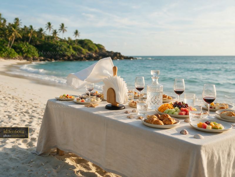Beach picnic buffet with food and drinks on a sandy shore