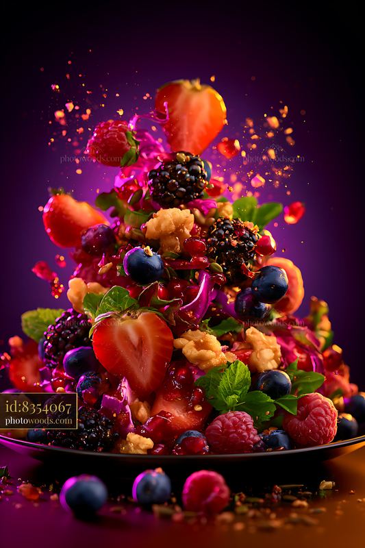Colorful fruit tower with berries and nuts on a dark background