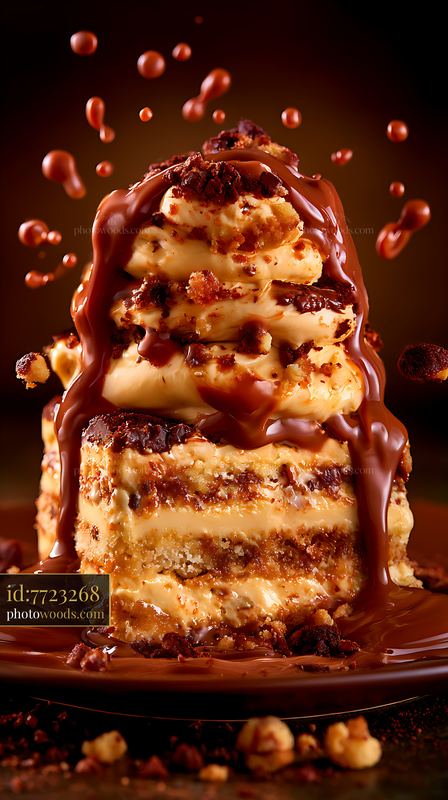 Decadent dessert with layers of cake and chocolate sauce