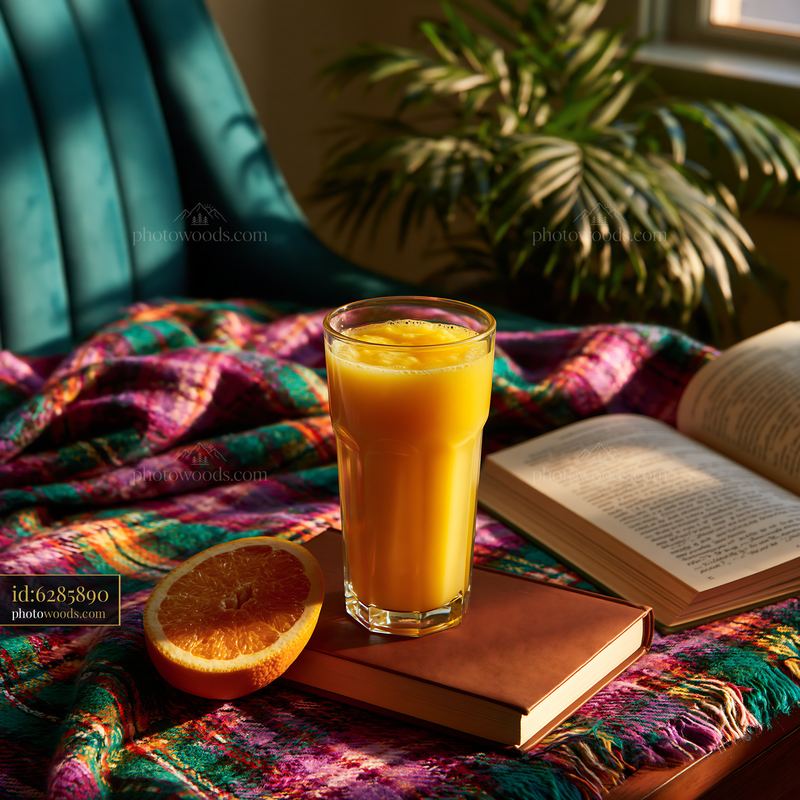 Refreshment in a cozy setting with orange juice and a book