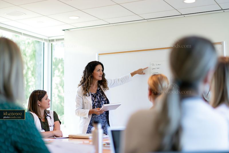 Team leader giving presentation and pointing at whiteboard
