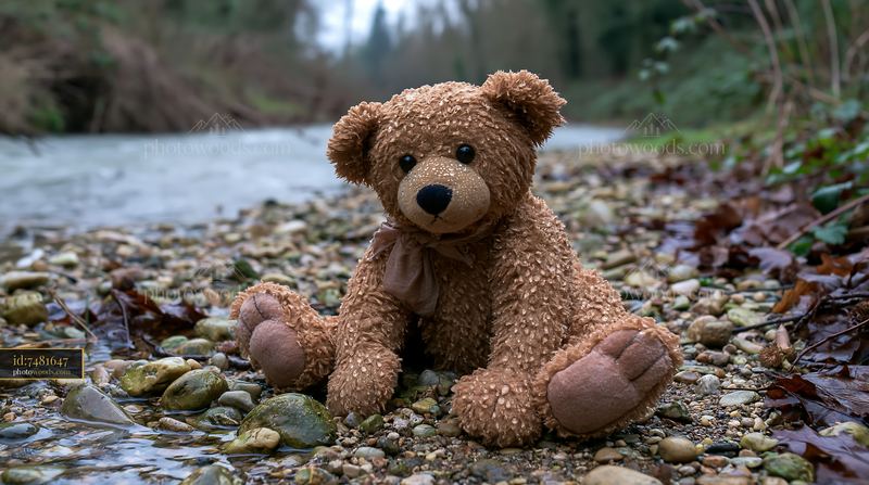 Teddy bear covered in water droplets outdoors near a stream