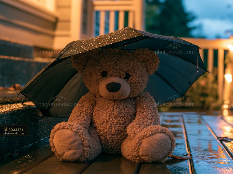 Teddy bear with umbrella covered in water droplets outdoors