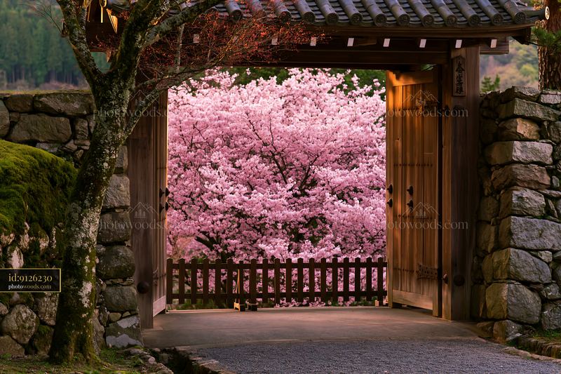 Cherry blossoms viewed through a temple gate