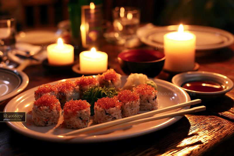 Tobiko roe sushi platter served with soy sauce and wasabi
