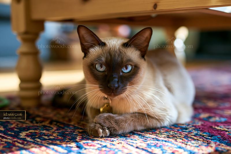 Tonkinese cat resting under furniture indoors