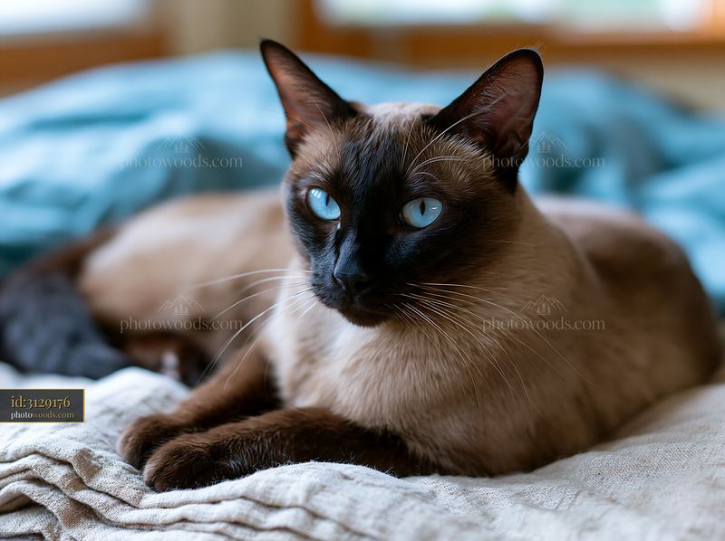Tonkinese cat portrait on a soft blanket indoors