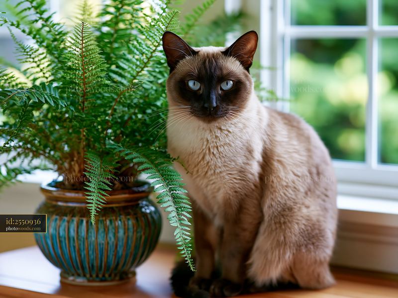 Portrait of a Tonkinese cat beside a fern plant indoors