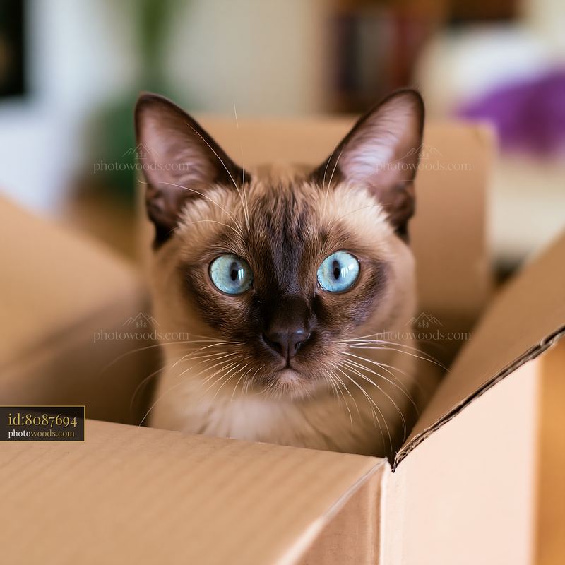 Tonkinese cat in a box looking directly at the camera