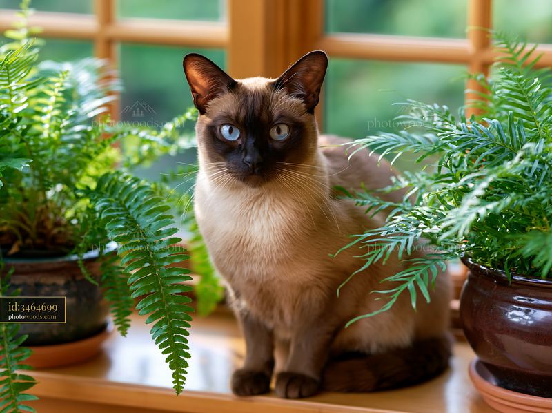 Tonkinese cat perched among ferns in a sunny window