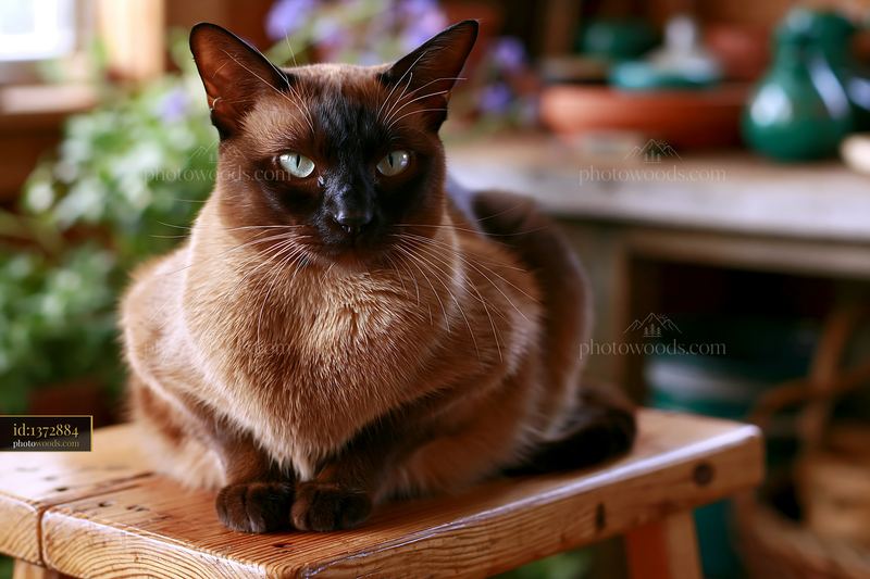 Tonkinese cat portrait sitting on a wooden stool indoors
