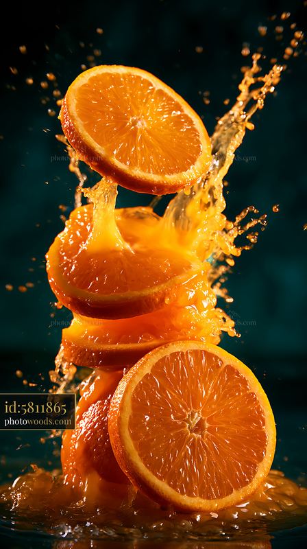 Stack of orange slices splashing into water