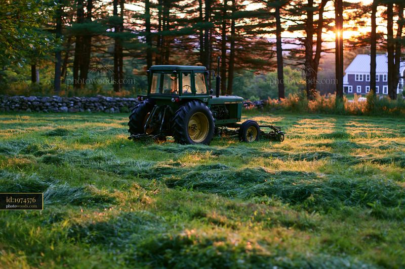 Tractor cutting grass in a field during sunset