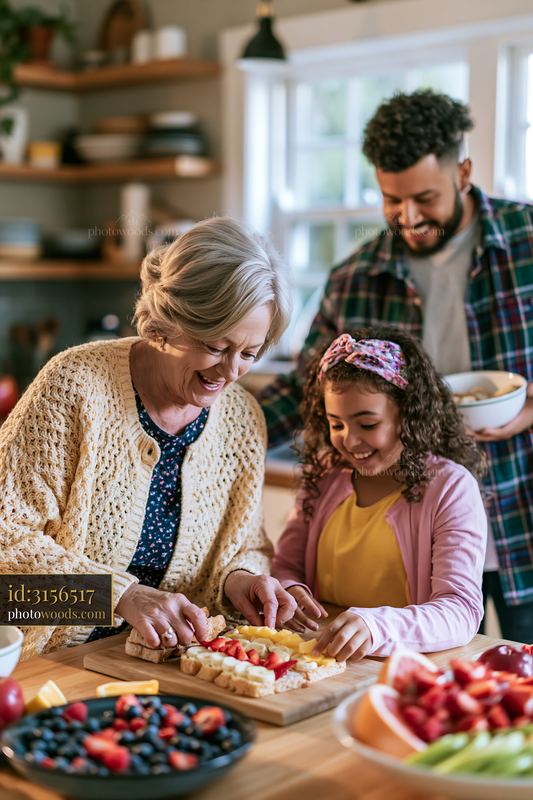 Family preparing breakfast together in cozy kitchen