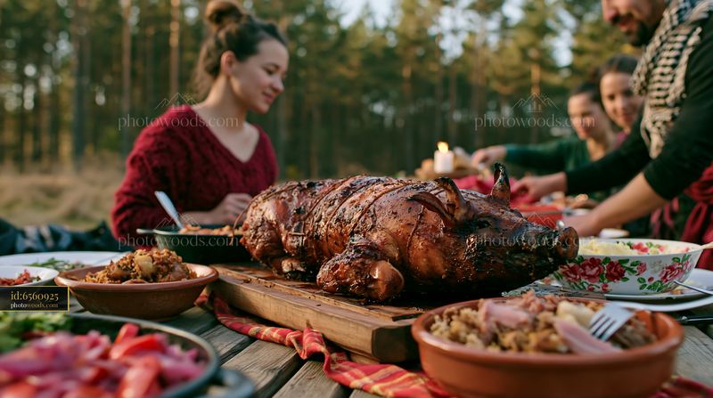 Traditional holiday roast pig served at an outdoor gathering
