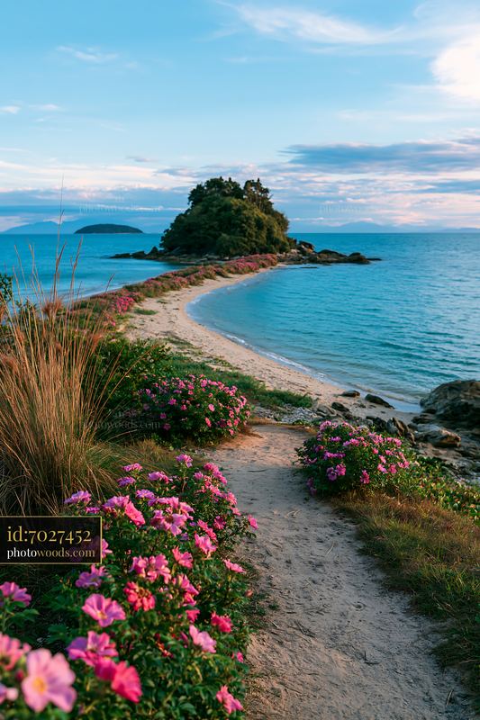 Island with flowers beside a sandy path in a tropical lagoon
