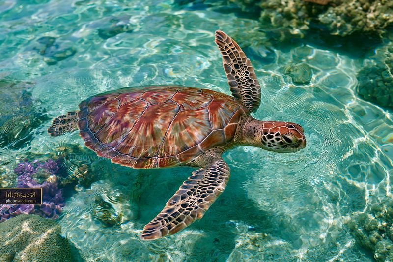 Coastline with protected marine habitat and turtle swimming