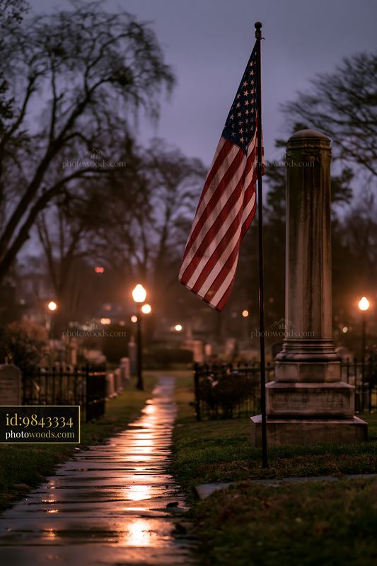 Cemetery monument and US flag at night with path and lights