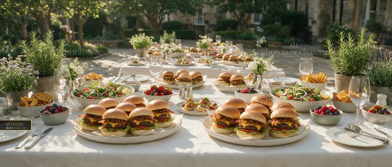 Burger buffet setup in an outdoor dining area