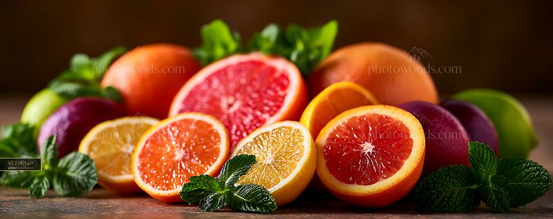 Fresh citrus fruits arranged on a wooden surface with mint leaves