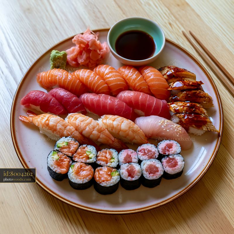 Premium sushi selection on a round plate with chopsticks