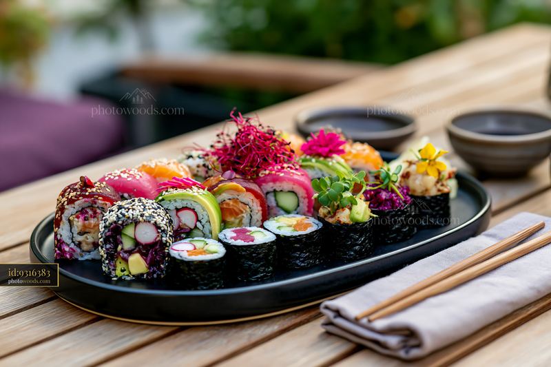 Vegan sushi platter with colorful rolls on a wooden table