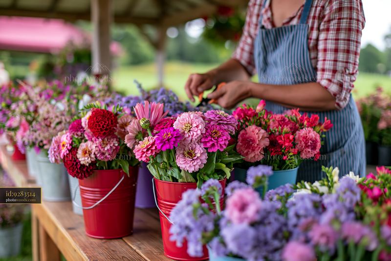 Mixed seasonal flowers arranged at a local farmers market