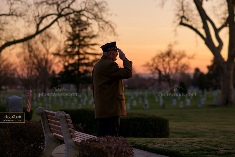 Quiet remembrance scene at a veterans cemetery at sunset