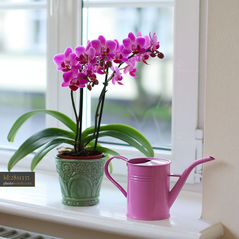 Orchid flower on windowsill with watering can and green pot