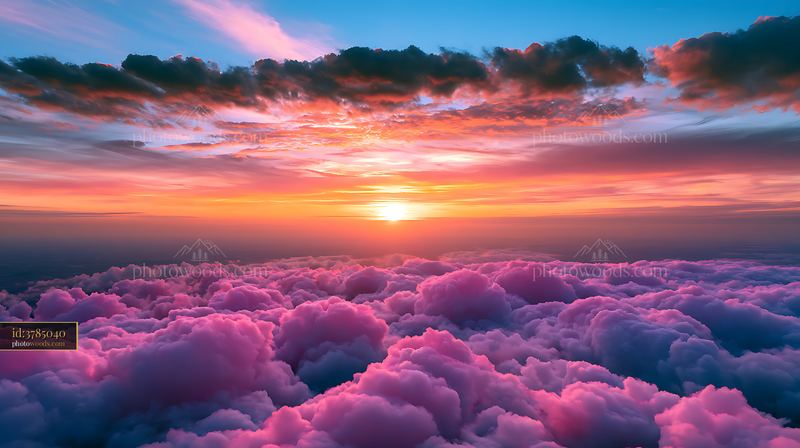 Colorful sunset view above fluffy clouds in the sky