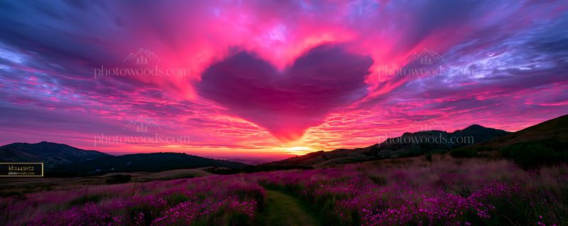 Colorful sunset with heart-shaped clouds over a landscape