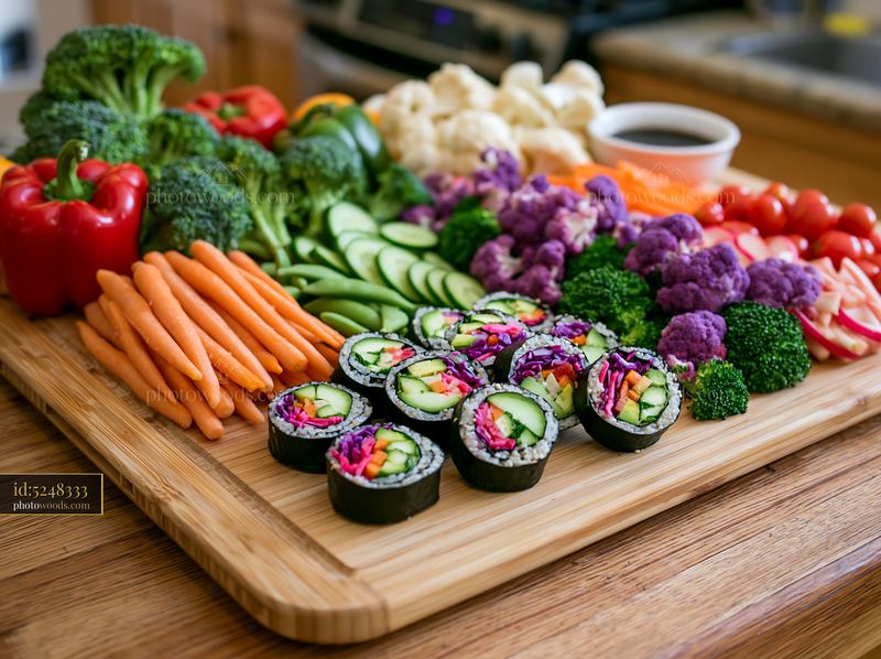 Vegan sushi platter with colorful vegetables and sushi rolls
