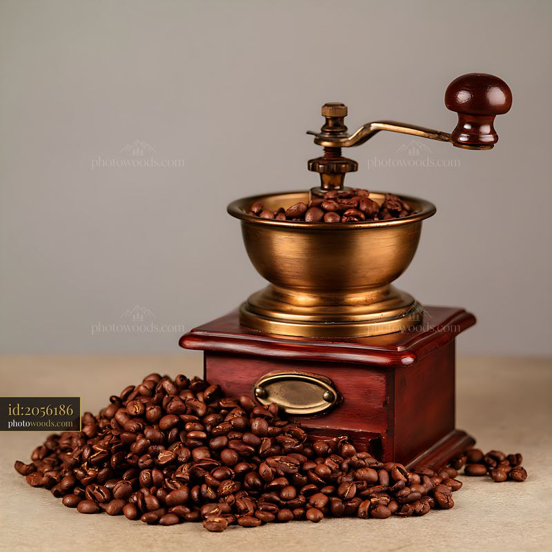 Coffee grinder with roasted beans on a surface