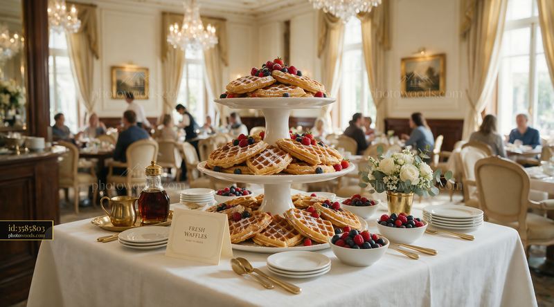 Waffle buffet station with fresh fruits and syrup in a dining area